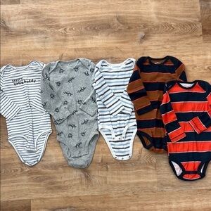 Carter's Striped & Dino Print Long-Sleeve One-Piece Set - Navy, Red, Gray, White